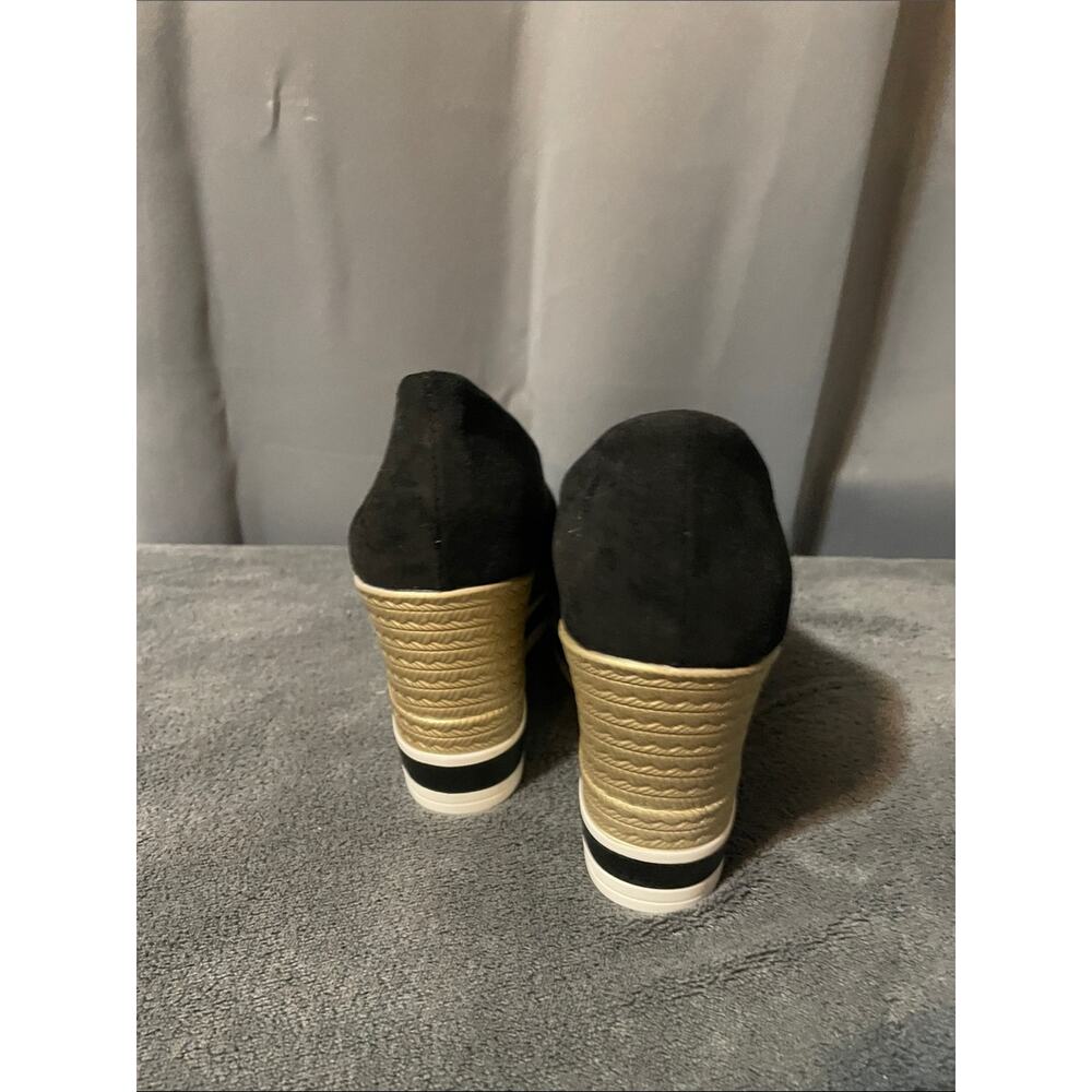 Black Suede Wedge Espadrille with Gold Platform Trim - Picture 4 of 4